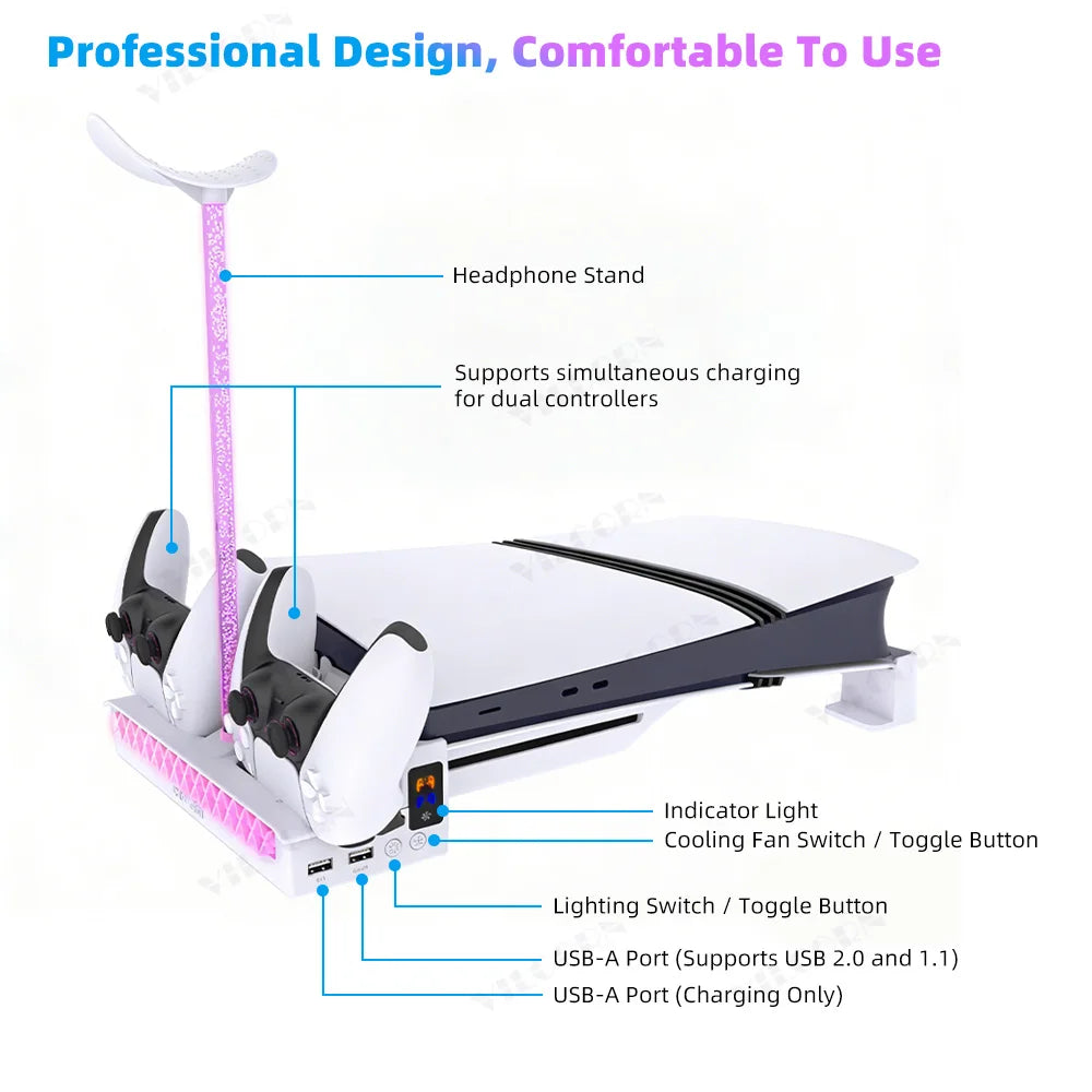 Horizontal Cooling Stand for PS5 Slim/Pro Console Dual Controller Charger RGB Headset Holder USB Hub Game Console Dock Station