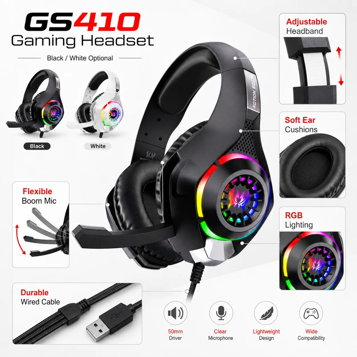 Gaming Headset GS410 Wired Over Ear Headphones 3.5mm RGB with Mic Stereo Bass Noise Cancelling for PC PS4 PS5 Xbox Laptop Gaming