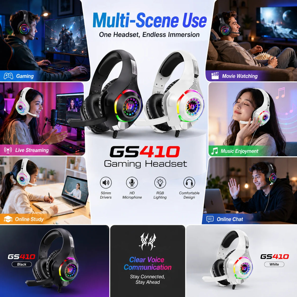 Gaming Headset GS410 Wired Over Ear Headphones 3.5mm RGB with Mic Stereo Bass Noise Cancelling for PC PS4 PS5 Xbox Laptop Gaming
