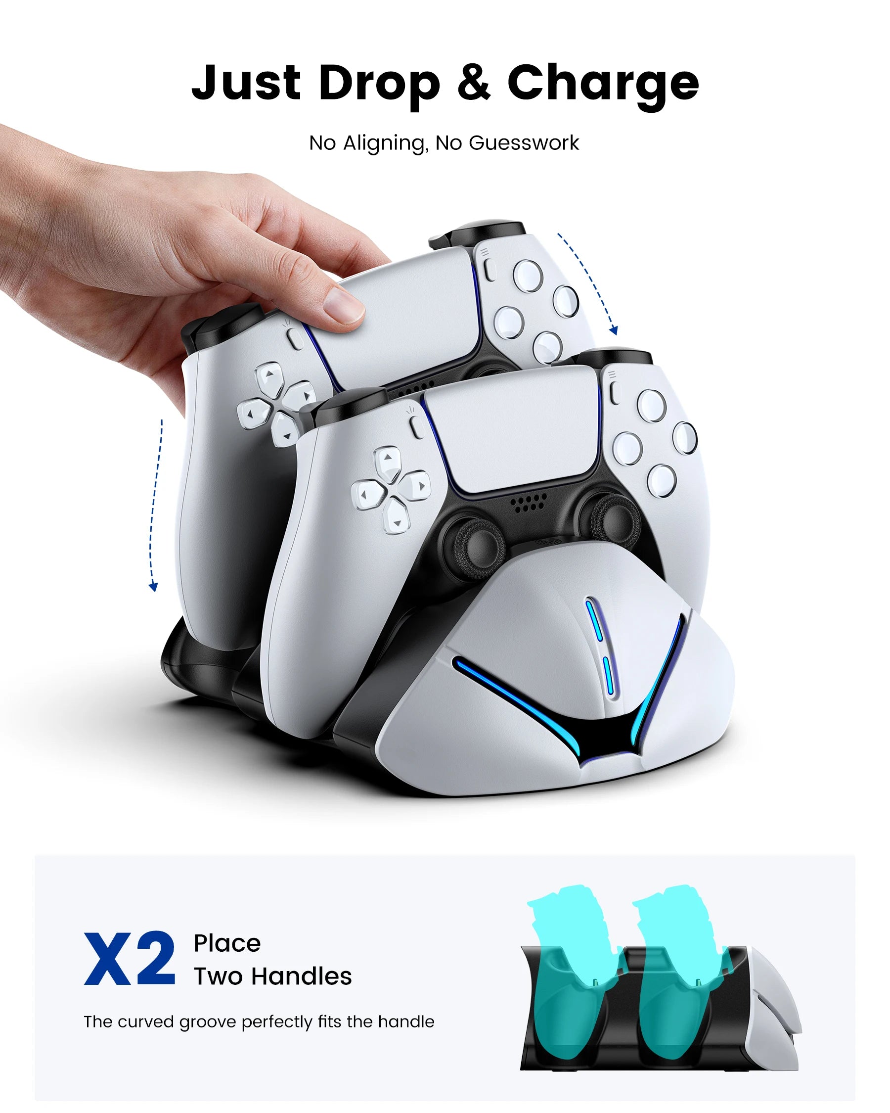 DinoFire FC600 Drop & Charge Station for PS5 - Dual Fast Dock for 2 DualSense, 2H/3H Fast Charge, Type-C, LED for PS5 Controller