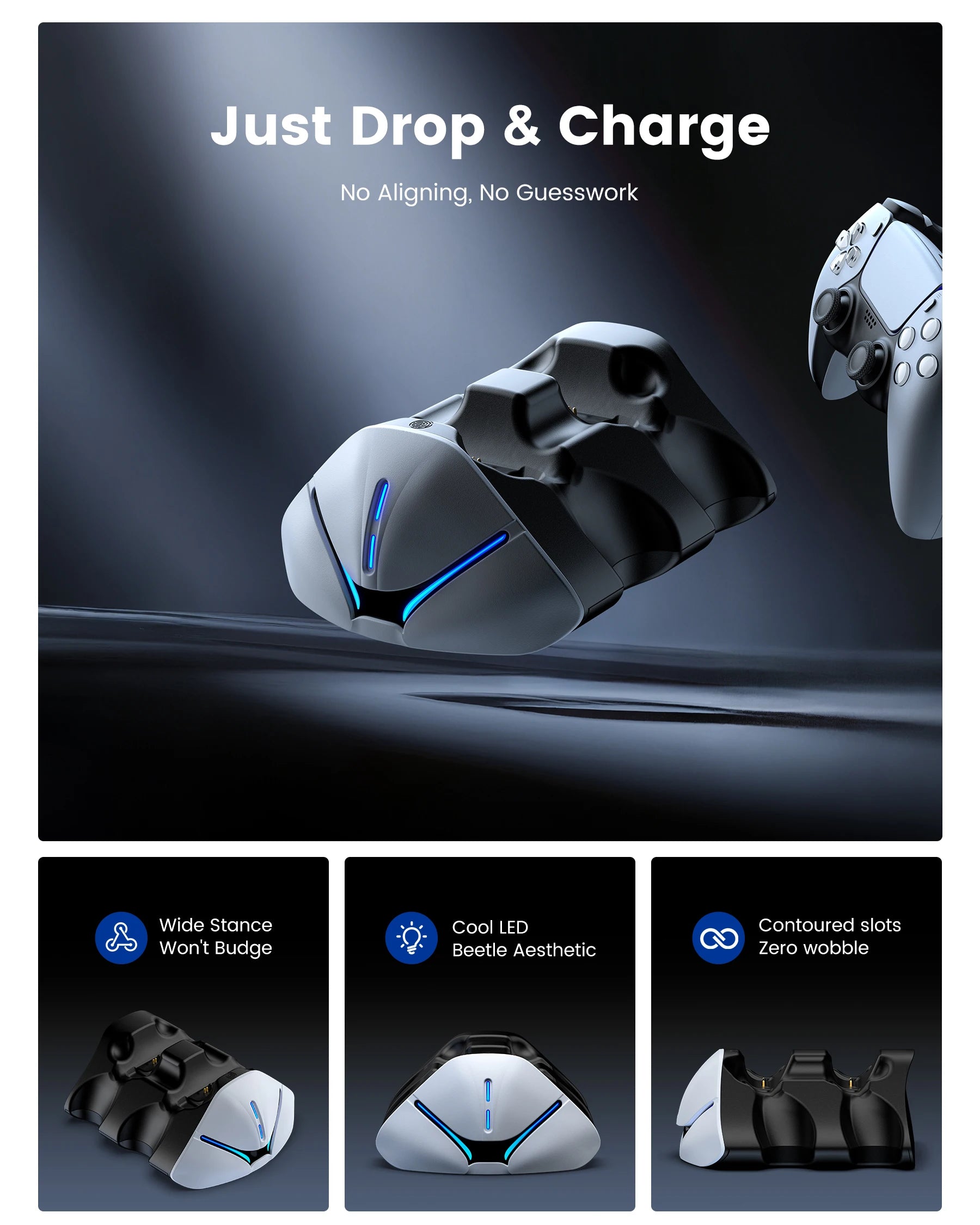 DinoFire FC600 Drop & Charge Station for PS5 - Dual Fast Dock for 2 DualSense, 2H/3H Fast Charge, Type-C, LED for PS5 Controller