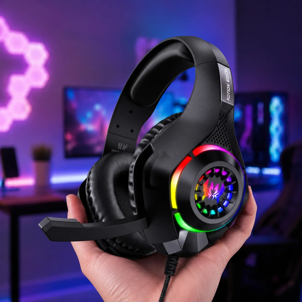 Gaming Headset GS410 Wired Over Ear Headphones 3.5mm RGB with Mic Stereo Bass Noise Cancelling for PC PS4 PS5 Xbox Laptop Gaming