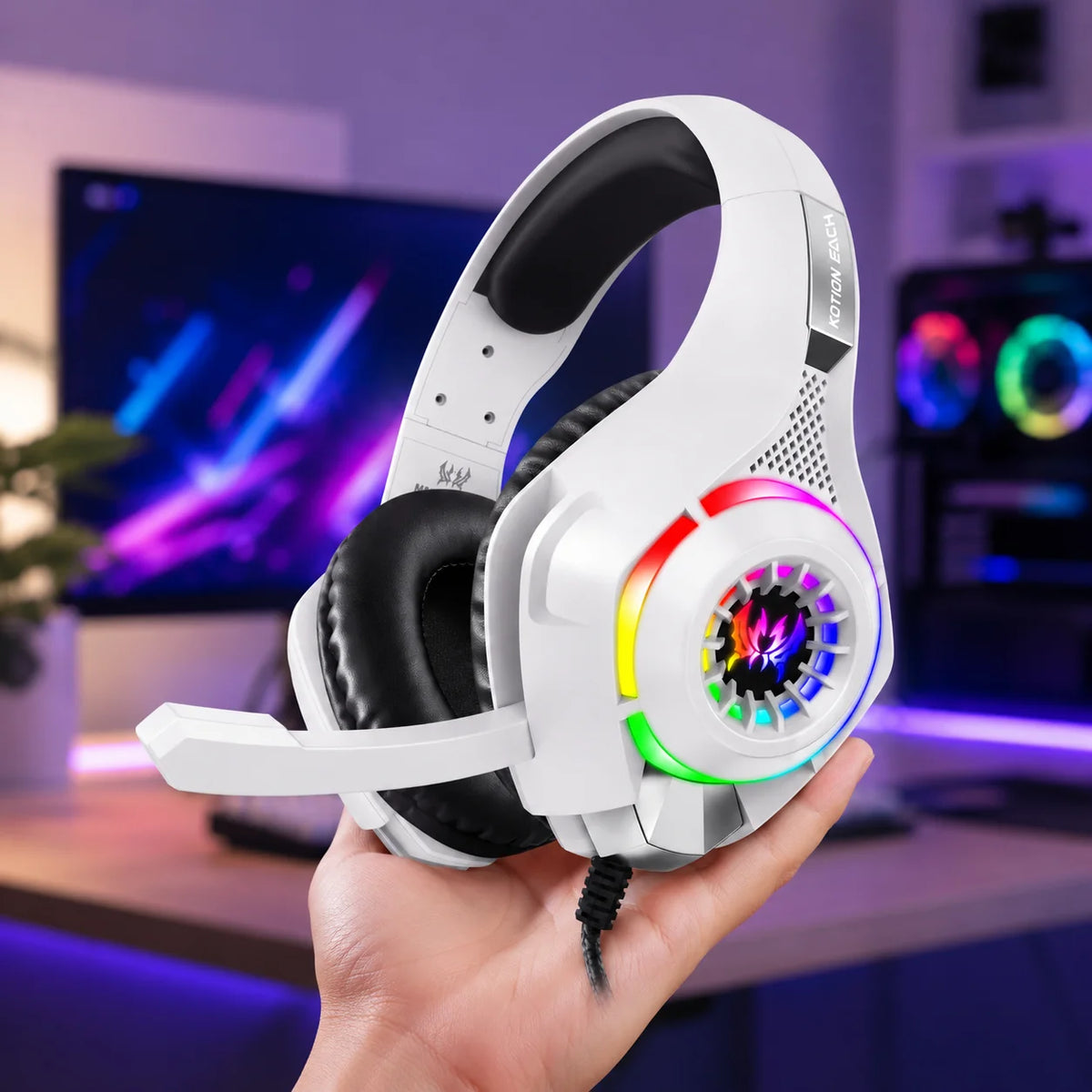 Gaming Headset GS410 Wired Over Ear Headphones 3.5mm RGB with Mic Stereo Bass Noise Cancelling for PC PS4 PS5 Xbox Laptop Gaming