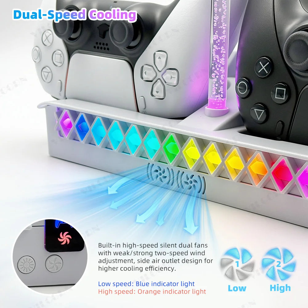 Horizontal Cooling Stand for PS5 Slim/Pro Console Dual Controller Charger RGB Headset Holder USB Hub Game Console Dock Station