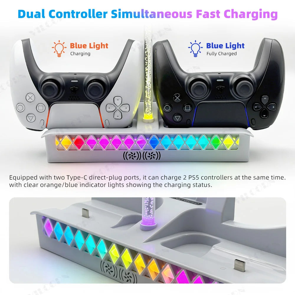 Horizontal Cooling Stand for PS5 Slim/Pro Console Dual Controller Charger RGB Headset Holder USB Hub Game Console Dock Station