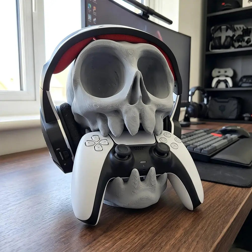 Universal Skull Headphone Controller Stand 2-in-1 Adjustable Anti-Slip Gaming Desktop Rack Holder