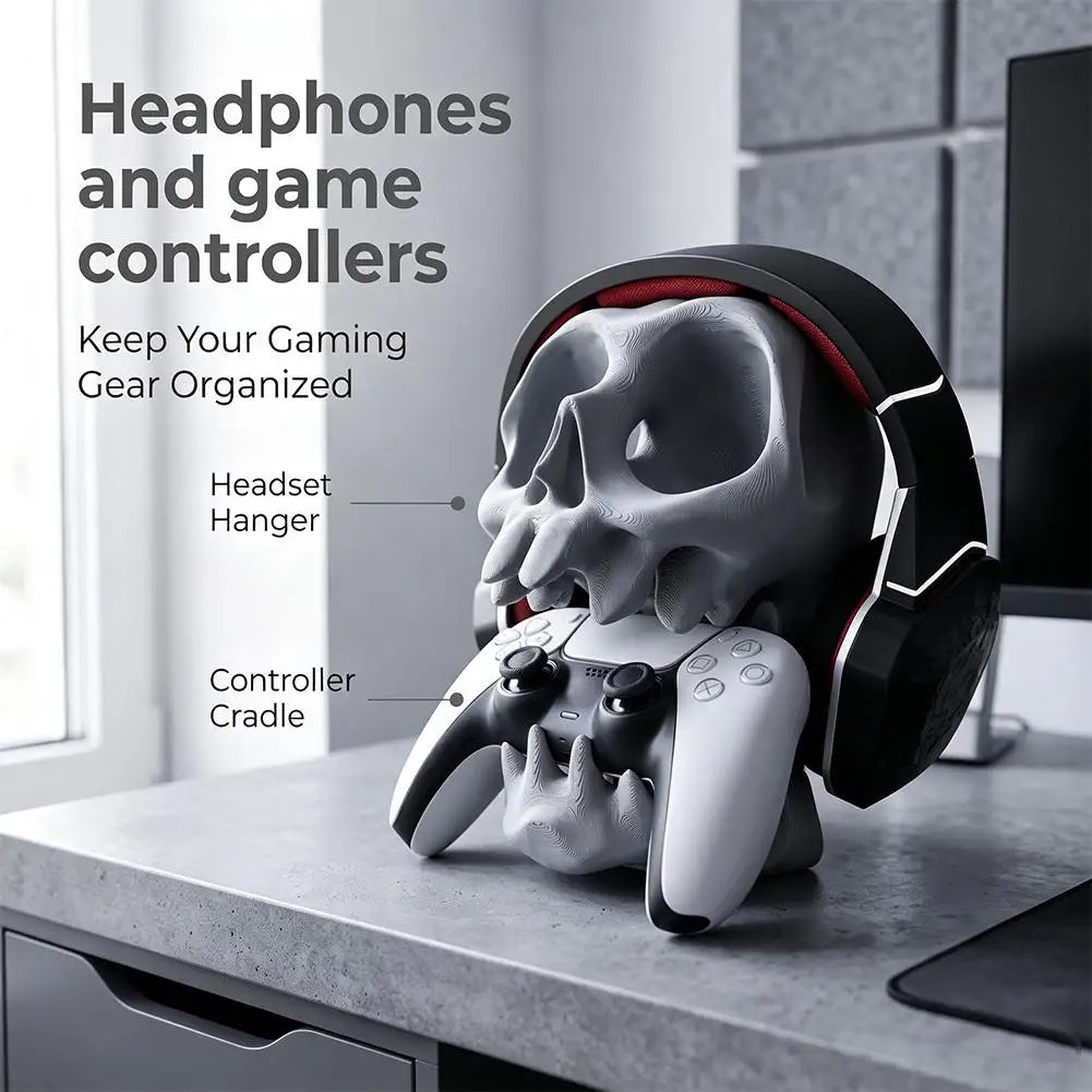 Universal Skull Headphone Controller Stand 2-in-1 Adjustable Anti-Slip Gaming Desktop Rack Holder