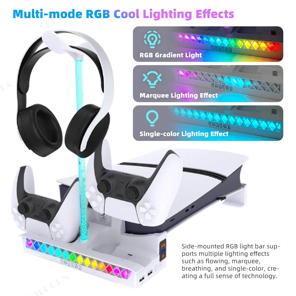 Horizontal Cooling Stand for PS5 Slim/Pro Console Dual Controller Charger RGB Headset Holder USB Hub Game Console Dock Station