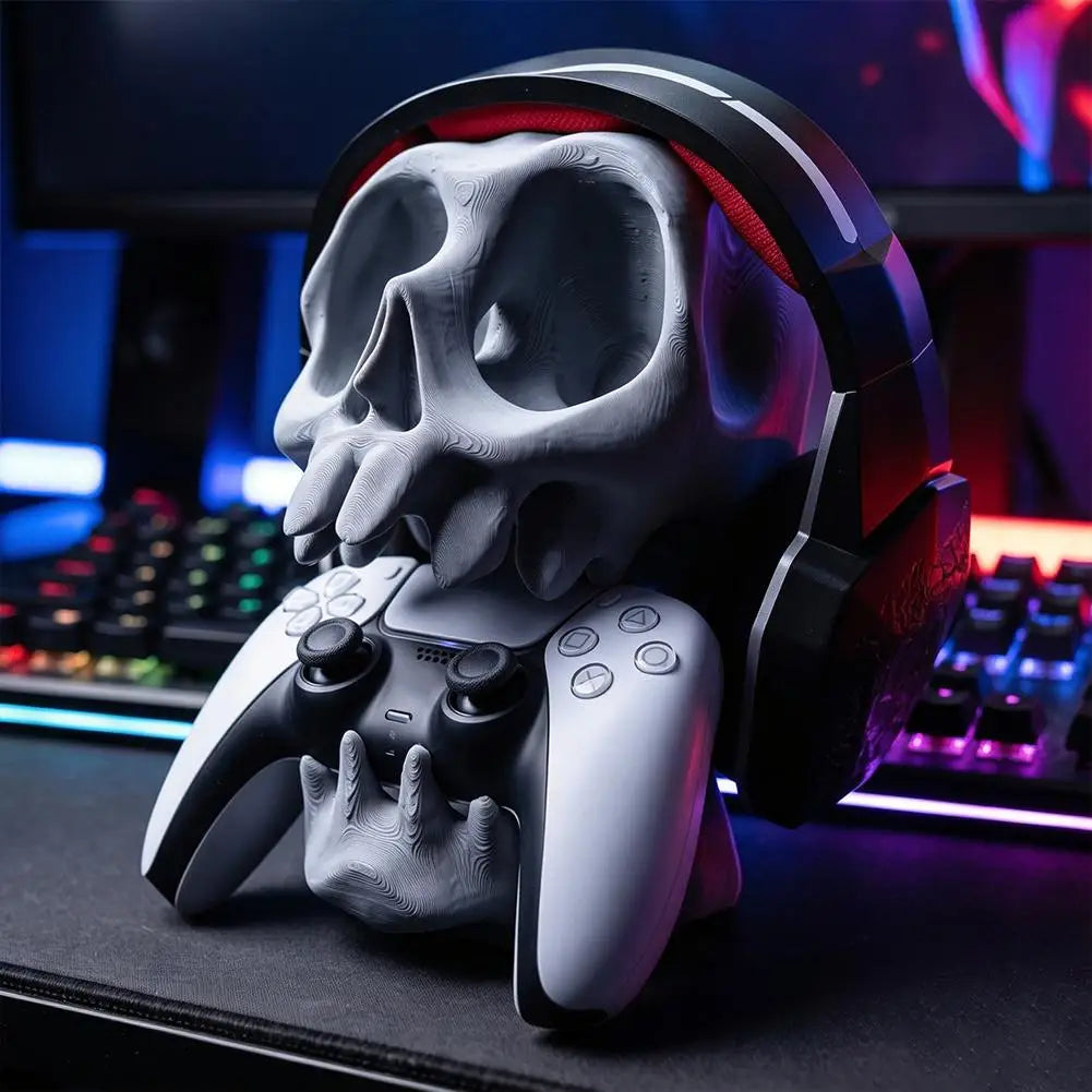 Universal Skull Headphone Controller Stand 2-in-1 Adjustable Anti-Slip Gaming Desktop Rack Holder