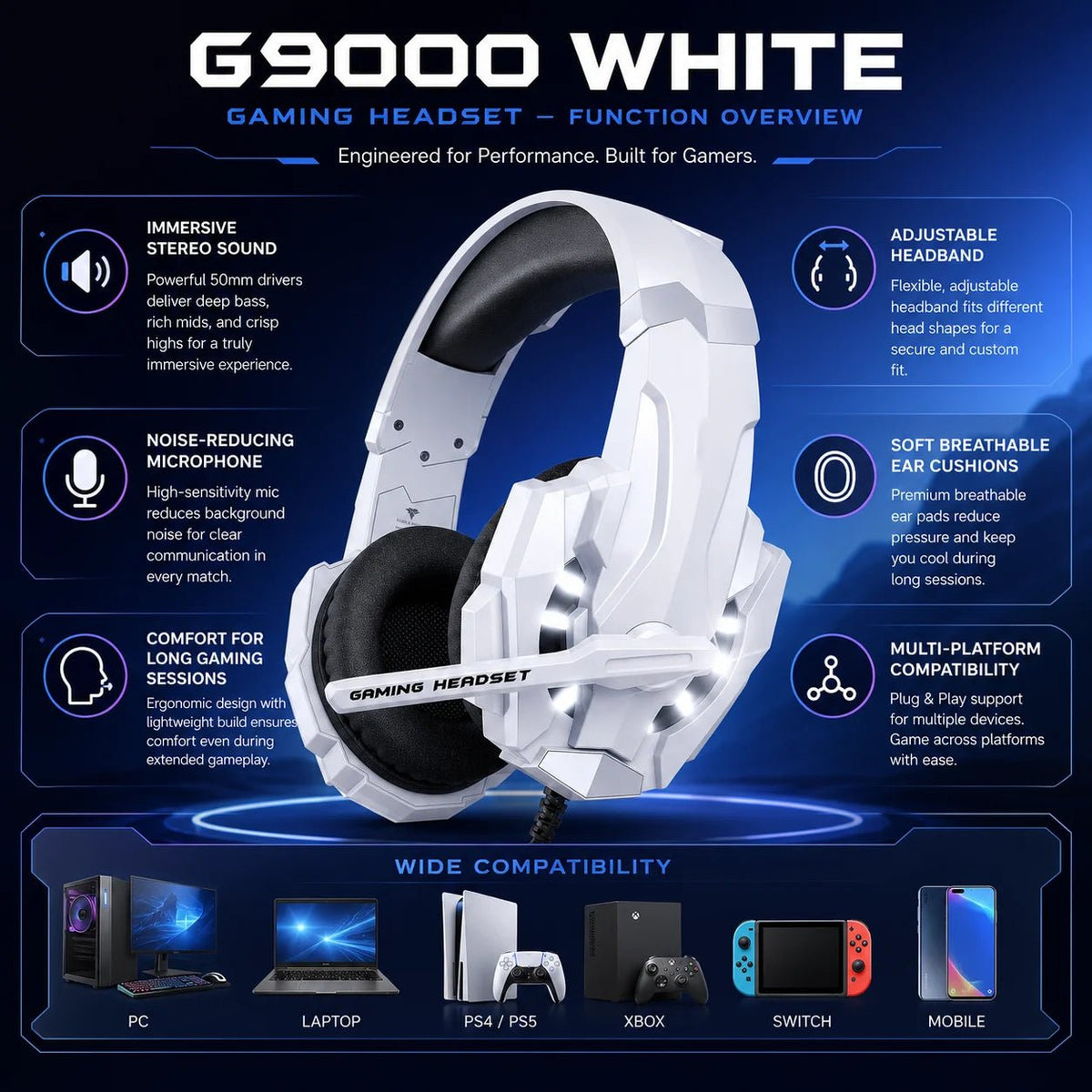 Gaming Headset G9000 Wired Over Ear Headphones White RGB LED with Mic Stereo Bass for PC PS4 PS5 Xbox Switch Gaming