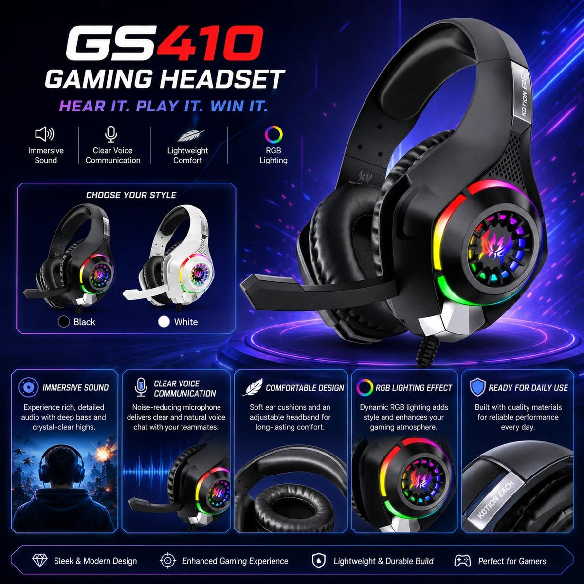 Gaming Headset GS410 Wired Over Ear Headphones 3.5mm RGB with Mic Stereo Bass Noise Cancelling for PC PS4 PS5 Xbox Laptop Gaming