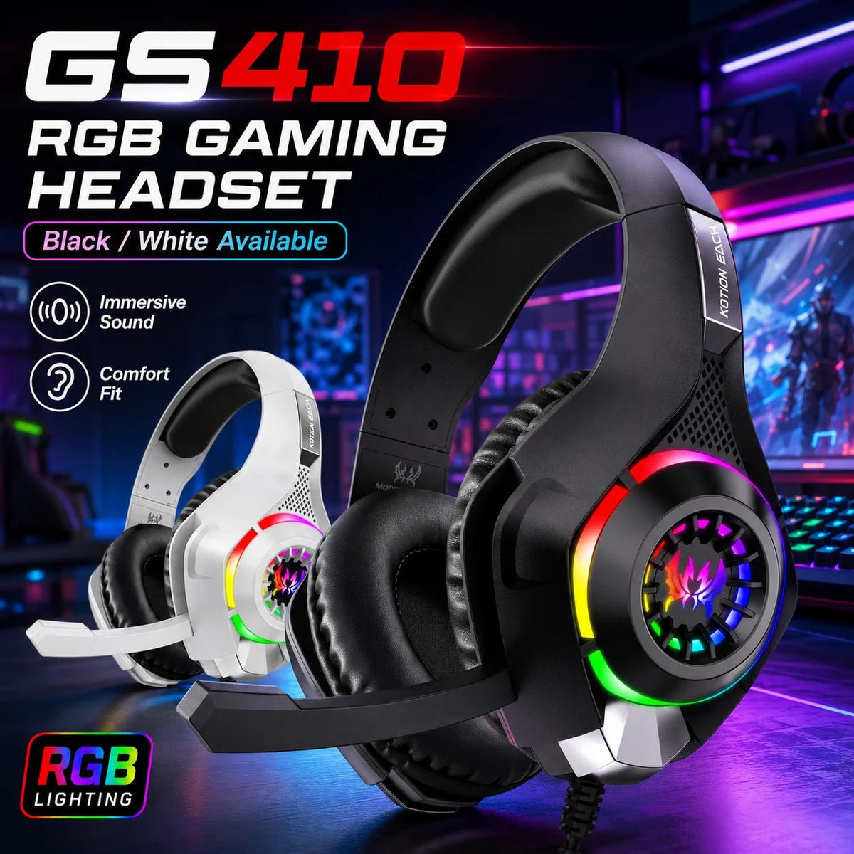 Gaming Headset GS410 Wired Over Ear Headphones 3.5mm RGB with Mic Stereo Bass Noise Cancelling for PC PS4 PS5 Xbox Laptop Gaming
