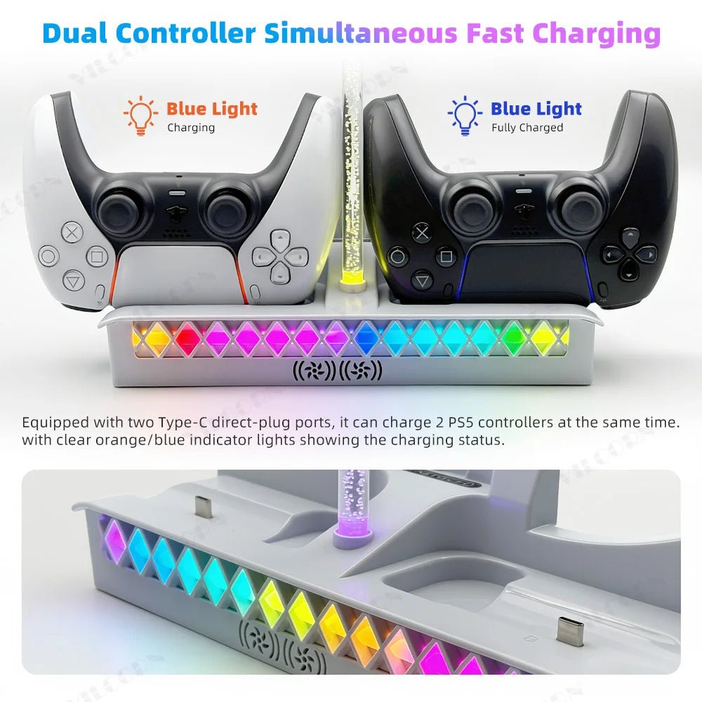 Horizontal Cooling Stand for PS5 Slim/Pro Console Dual Controller Charger RGB Headset Holder USB Hub Game Console Dock Station