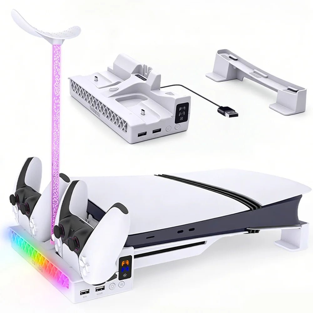 Horizontal Cooling Stand for PS5 Slim/Pro Console Dual Controller Charger RGB Headset Holder USB Hub Game Console Dock Station